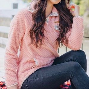 New Simply Southern Pink Sherpa Jacket Pullover Sweatshirt Women’s Peachy
